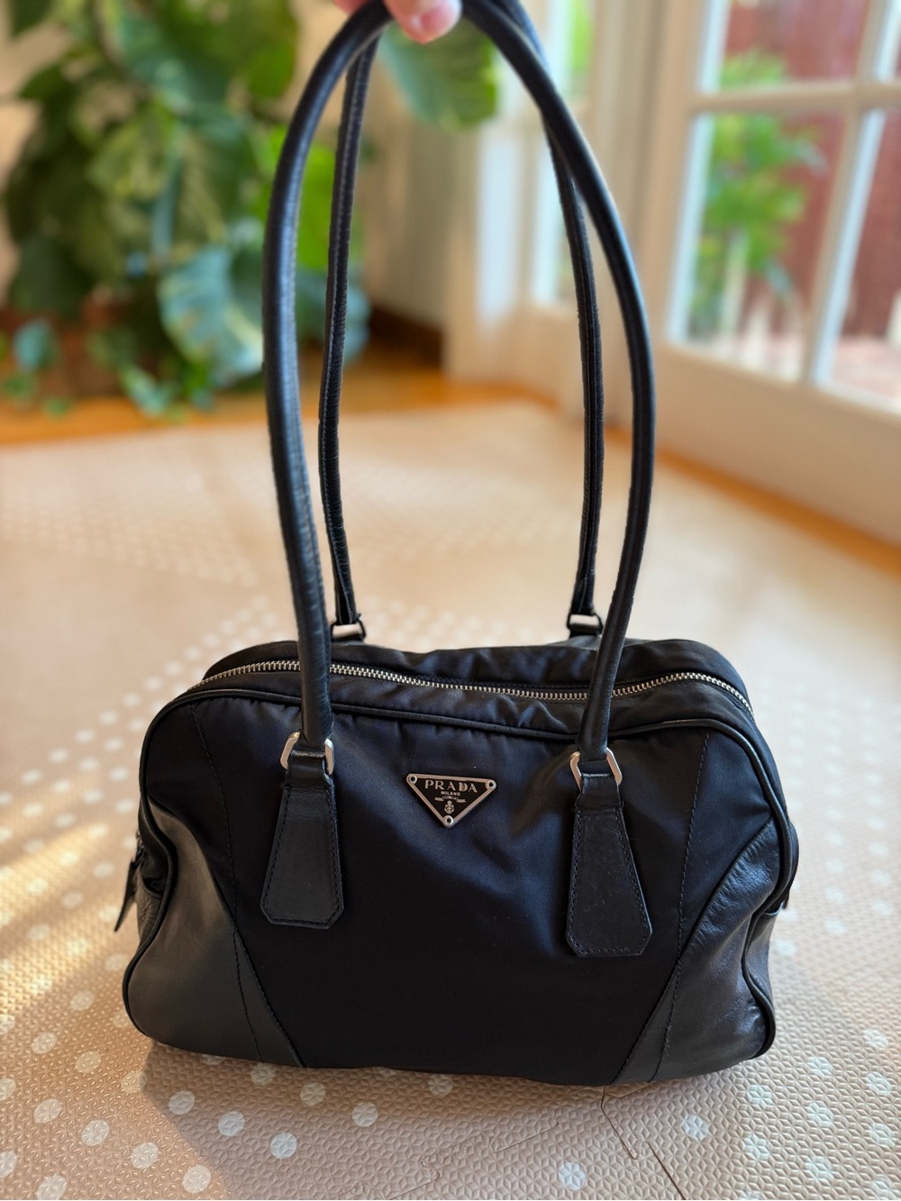 Prada Black Nylon & Leather Double-Handle Bowling Bag Classic Triangle Logo
